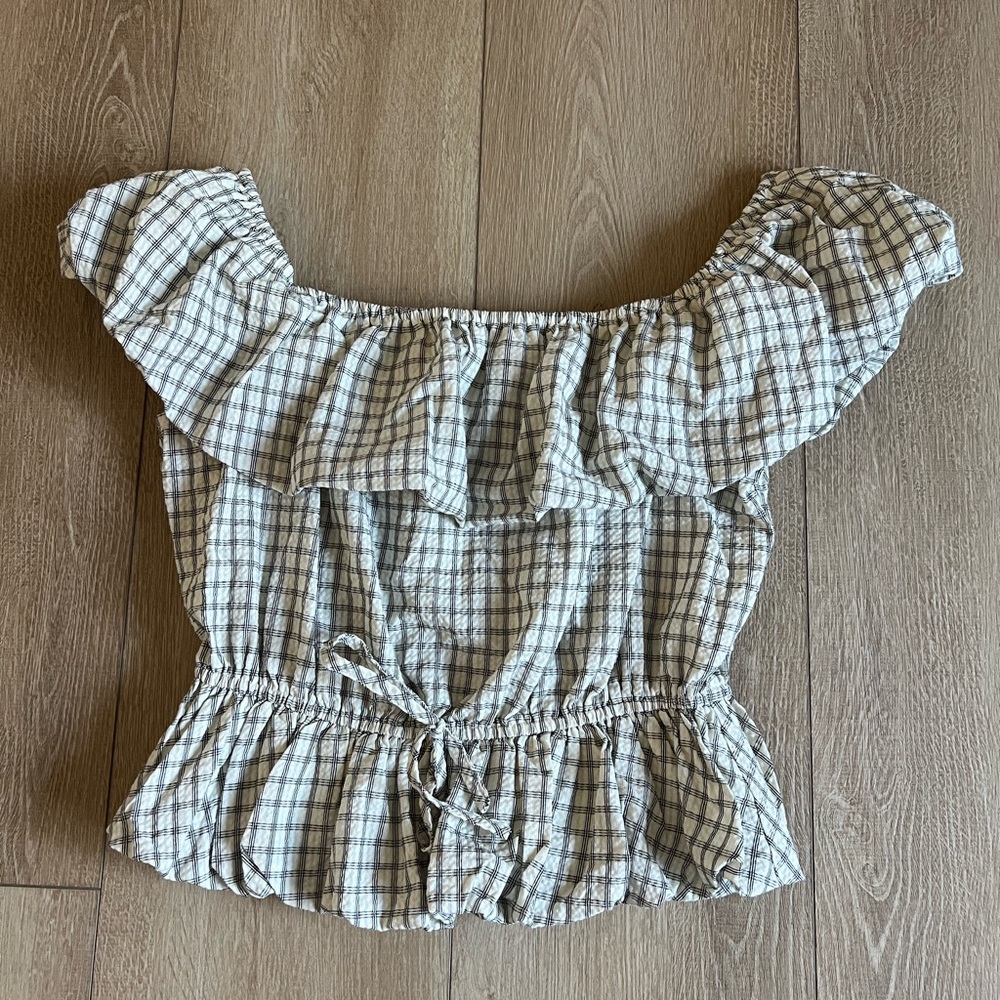 Stitch + Feather Plaid Off-Shoulder Women's Top size M